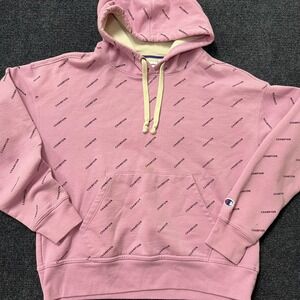 Champion Hoodie Womens XS Pink All Over Logo Pullover Sweatshirt Fleece